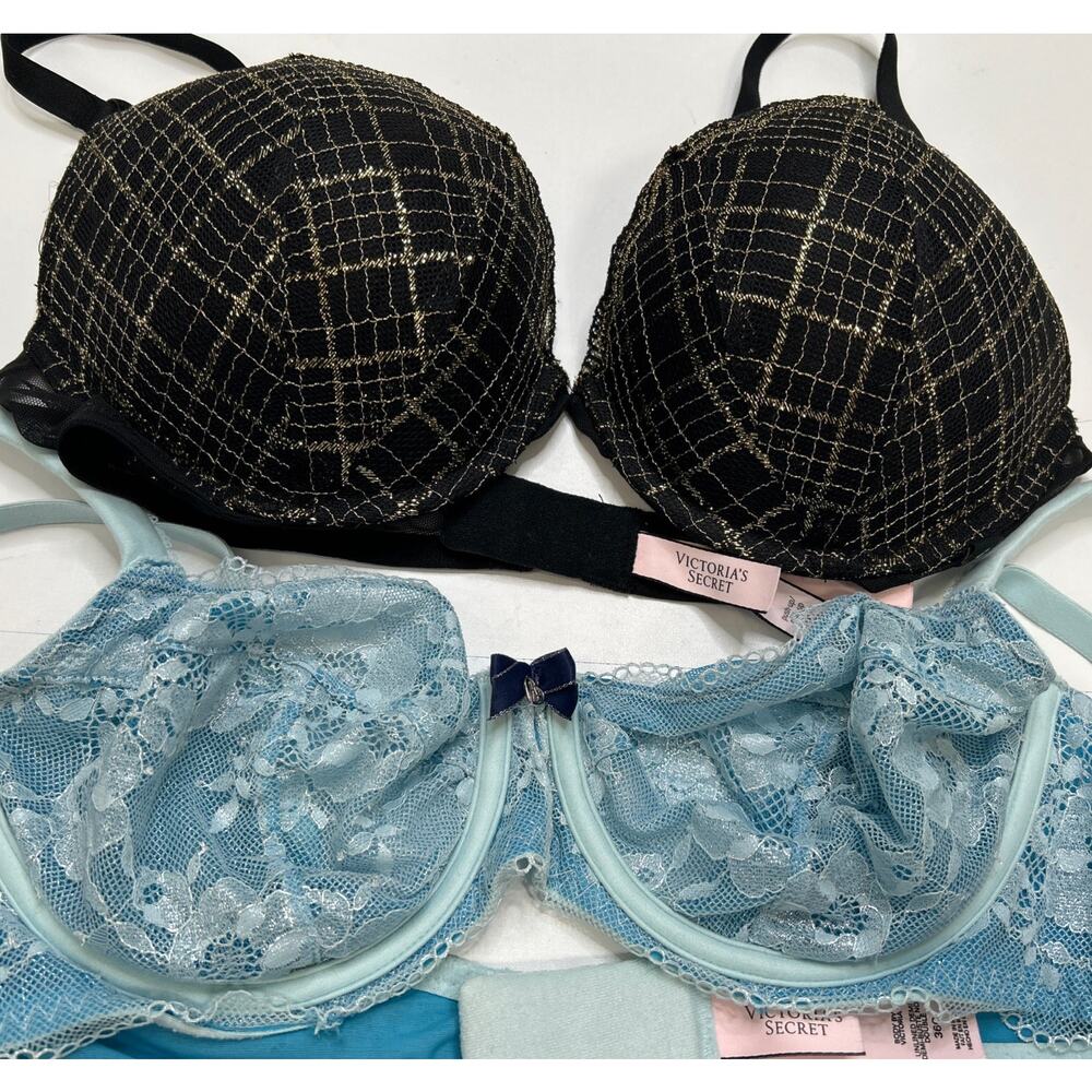 Victorias Secret lot of 2 36C Bras Black Gold Lace Push Up & Blue Unlined Demi